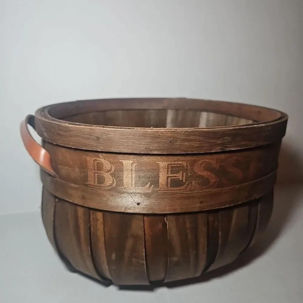 Oval Harvest Large Wooden Bread Basket with Leather Handles Blessed